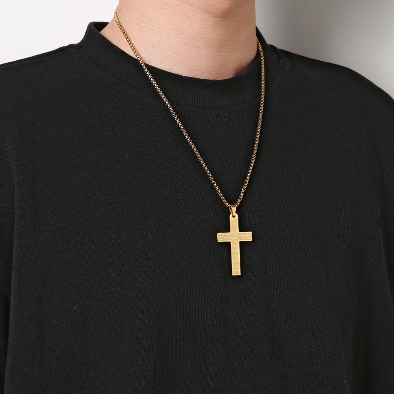 HZMAN Stainless Steel Mens Womens Cross Necklace Lord's Prayer Pendant, 4 Colors Available (Gold) - Image 3