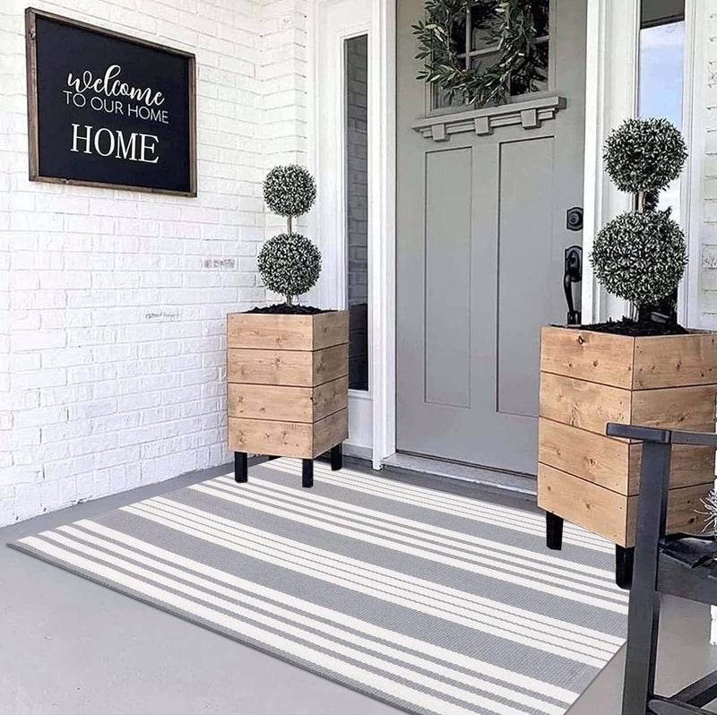 BUAGETUP Grey and White Outdoor Rug 3x 5 HandWoven Cotton Washable Rug Striped Front Porch Rug Area Rug Floor Mat for FarmhouseLayered Door MatsLiving Room