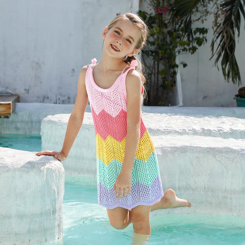 CHILDRENSTAR Swimwear Knit Coverups For Girls Rainbow Color Block Beach Dress Swimming Party Wrap Covers Matching Sunglasses,Size 6 7 - Image 3