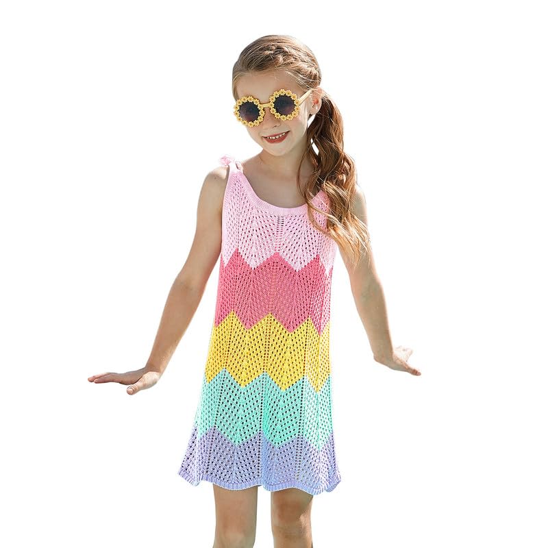 CHILDRENSTAR Swimwear Knit Coverups For Girls Rainbow Color Block Beach Dress Swimming Party Wrap Covers Matching Sunglasses,Size 6 7 - Image 1