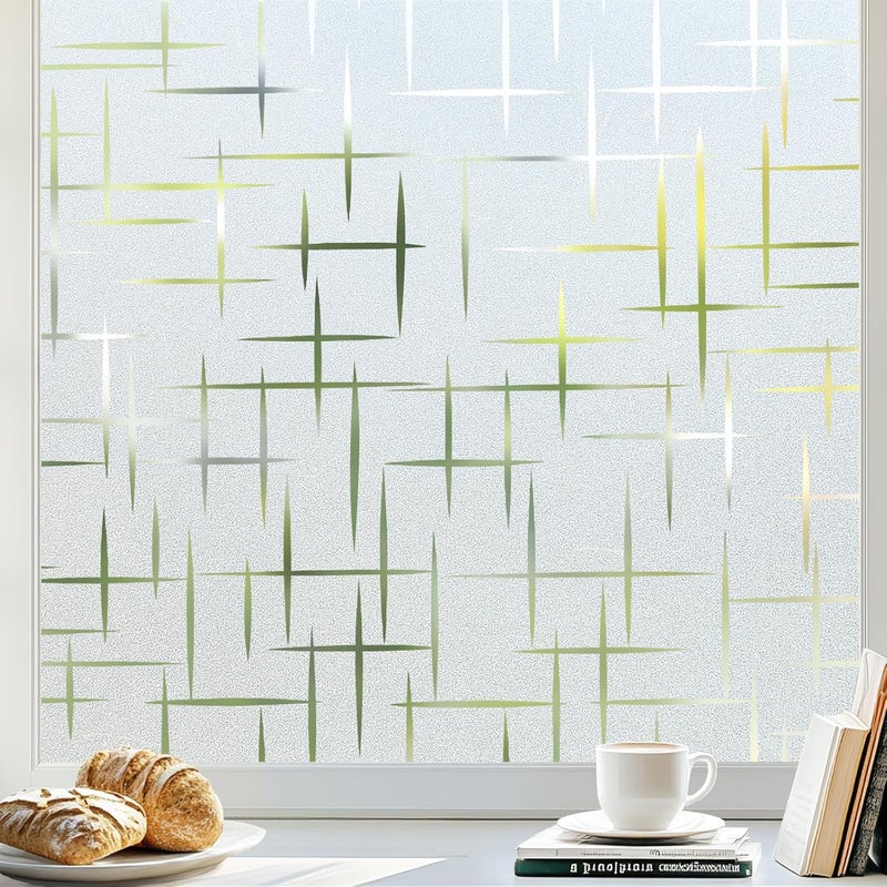 Rabbitgoo Window Privacy Film Frosted Glass Window Film, Decorative Privacy Cling, UV Blocking Staic Cling Bathroom Glass Frosting Sticker, Non-Adhesive Front Door Cover, Cross Pattern, 11.8" x 78.7" - Image 1
