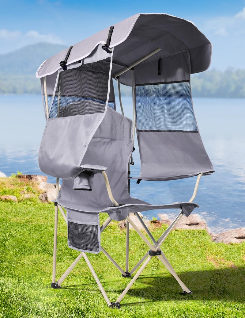 Docusvect Folding Camping Chair with Shade Canopy for Adults, Canopy Chair for Outdoors Sports with Cup Holder, Side Pocket for Camp, Beach, Tailgates, Fishing - Support 330 LBS - Image 1