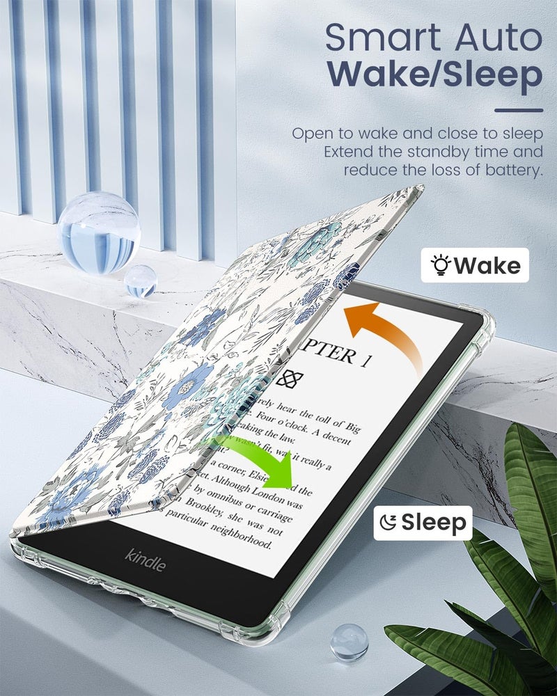 MoKo Case for 6" Kindle (11th Generation-2024/2022 Release), Ultra Clear Soft Flexible Transparent TPU Back Cover Light Shell with Auto Wake/Sleep for Kindle 11th Generation 2024, White Blue Floral - Image 5