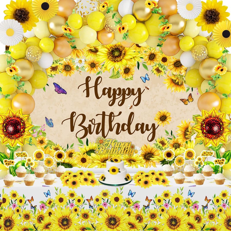 BORAMDO Sunflower Birthday Party Decoration Pack 111 Pcs Baby Shower Party Supplies Wedding Decor include Backdrop Tablecloth Artificial Sunflower Garland Cake Topper Balloon Garland Arch Tissue Paper Flower - Image 2