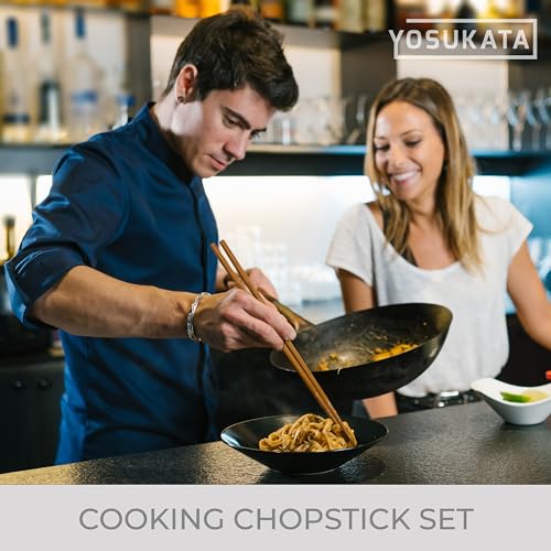 YOSUKATA Reusable Natural Wooden Long Cooking Chopsticks Set of 3 pairs: 11.8 inch, 13-inch, 14.2 inch Brown Long Wok Wooden Chopsticks Reusable - Image 4