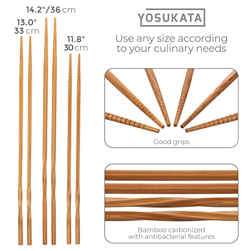 YOSUKATA Reusable Natural Wooden Long Cooking Chopsticks Set of 3 pairs: 11.8 inch, 13-inch, 14.2 inch Brown Long Wok Wooden Chopsticks Reusable - Image 2