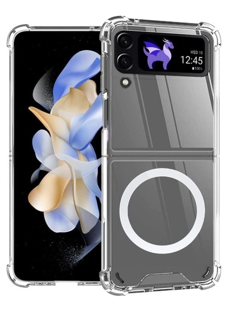 Samsung Galaxy Z flip 4 Clear Magnetic Cover | Mag Safe Compatible | Clear Hard Back Case | Shockproof Silicone Frame Edge Bumper | Slim Transparent Case  - Image 1