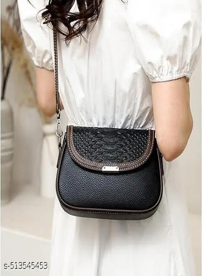 AKSUTI Women's Croco Pattern Faux Leather Crossbody Shoulder Hand Bag, Black and Brown (Black) - Image 2