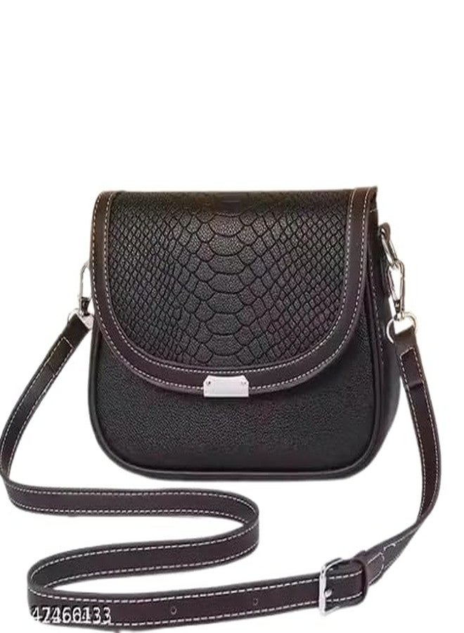 AKSUTI Women's Croco Pattern Faux Leather Crossbody Shoulder Hand Bag, Black and Brown (Black) - Image 1
