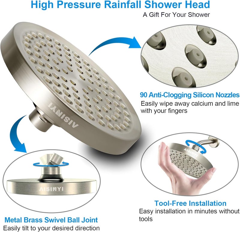 AISINYI High Pressure Rainfall Shower Head, 6 Inches Showerhead with Perfect Adjustable Replacement, Removable Restrictor, Easy Installation for Your Bathroom Shower Heads(Brushed Nickel + Shower Arm) - Image 4