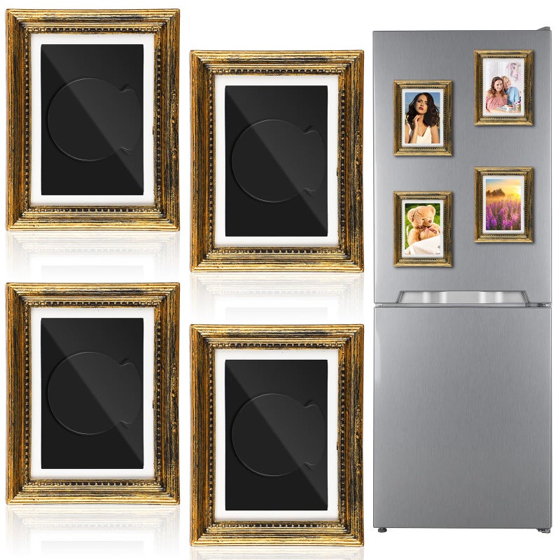 Geelin 4 Pcs Magnetic Vintage Frame for Refrigerator 3.66 x 2.95 Inch Small Vintage Refrigerator Magnets Picture Frames Mini Antique Ornate Gold Photo Frame Insert for Photos Painting - Image 1