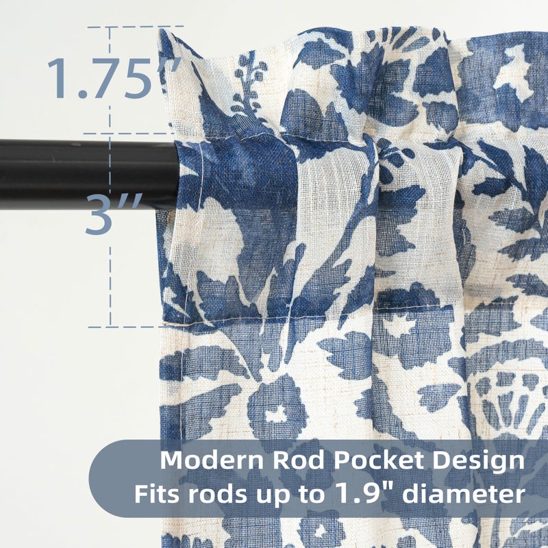 DriftAway Kitchen Curtain Floral Tier Linen Short Watercolor Flower Patterned Cafe Curtains 45 Inch Length for Living Room Bathroom Julia Farmhouse Rustic Drapes Rod Pocket 2 Panels Navy - Image 2
