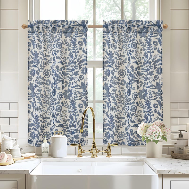DriftAway Kitchen Curtain Floral Tier Linen Short Watercolor Flower Patterned Cafe Curtains 45 Inch Length for Living Room Bathroom Julia Farmhouse Rustic Drapes Rod Pocket 2 Panels Navy - Image 1