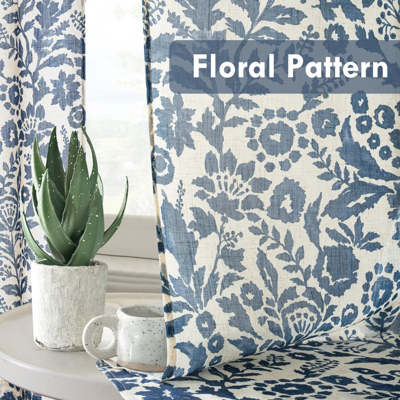 DriftAway Kitchen Curtain Floral Tier Linen Short Watercolor Flower Patterned Cafe Curtains 45 Inch Length for Living Room Bathroom Julia Farmhouse Rustic Drapes Rod Pocket 2 Panels Navy - Image 5