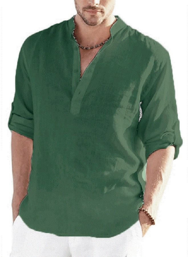 Men's Long Sleeve Loose Solid Color Linen Shirt Green