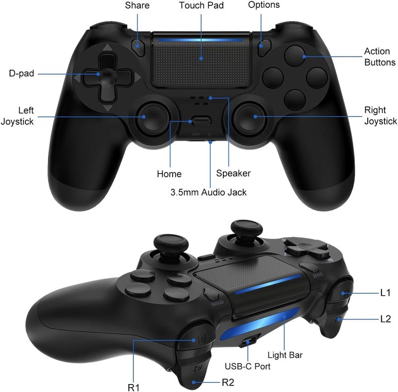 TIANHOO وحدة تحكم TIANHOO PS4 لاسلكية، مع ردود فعل اهتزازية، استشعار الحركة، لوحة اللمس، شريط ضوئي، زر مشاركة، مكبر صوت، مقبس سماعة رأس 3.5 ��لم (أسود) - Image 5