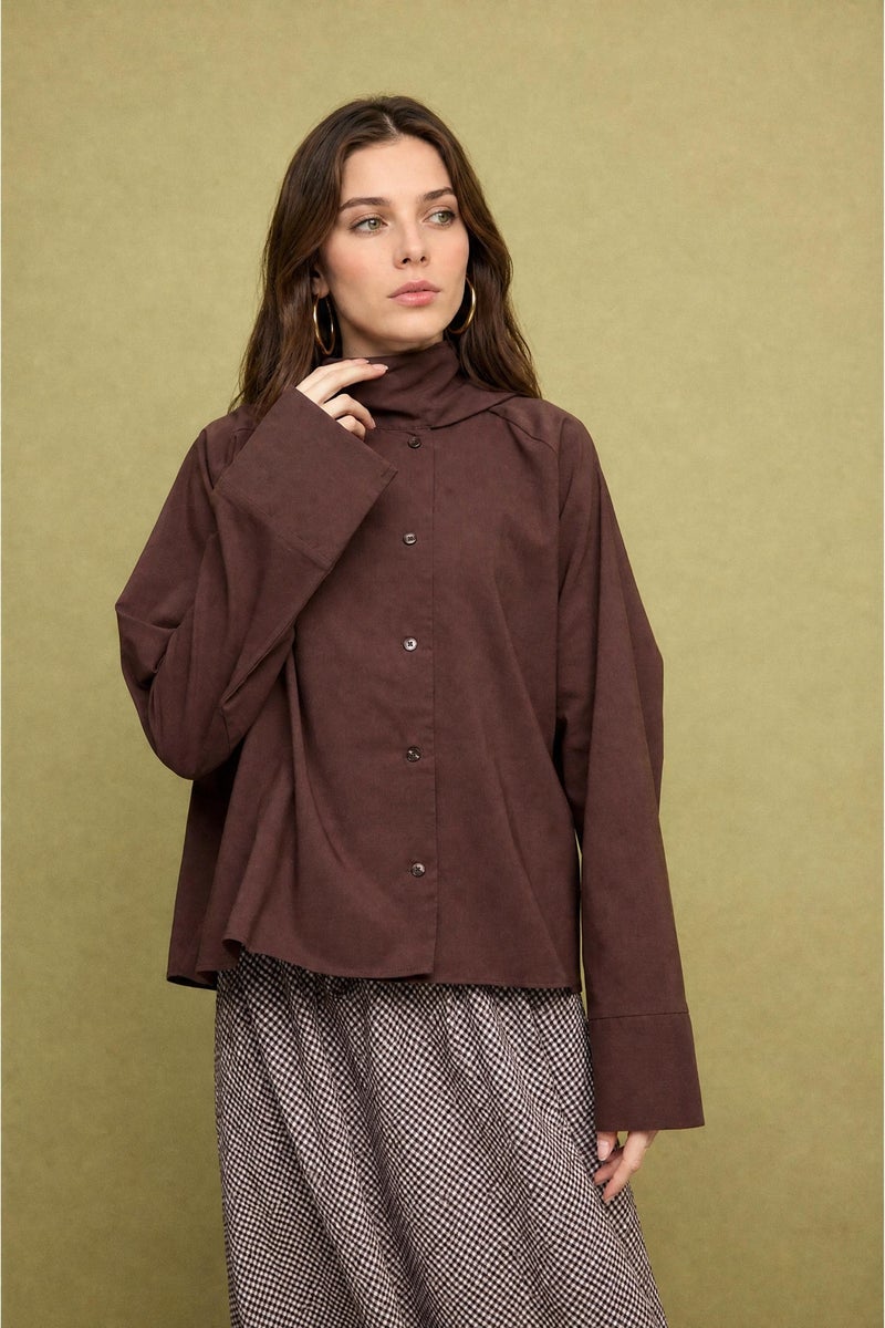 DeFacto Brown Woman Regular Fit Poplin Long Sleeve Tunic Casual - Image 3