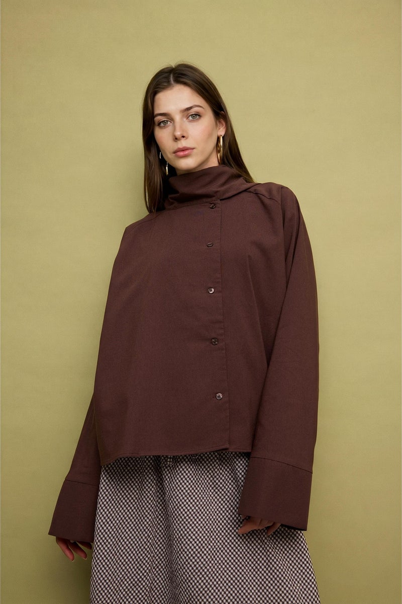 DeFacto Brown Woman Regular Fit Poplin Long Sleeve Tunic Casual - Image 1
