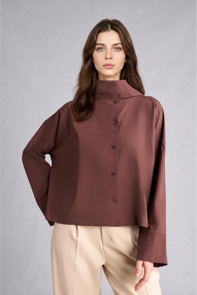 DeFacto Brown Woman Regular Fit Poplin Long Sleeve Tunic Casual - Image 4