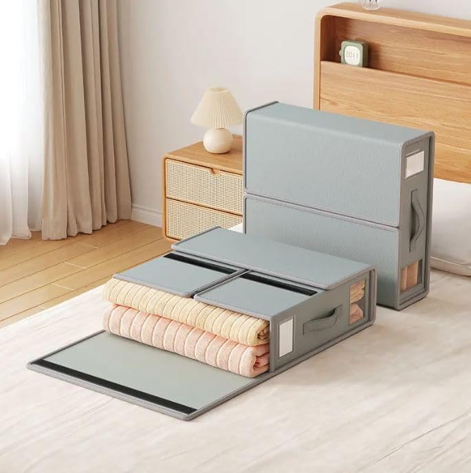 FLYNGO 2Pcs Bedsheet Organizer Clothes Storage box, Non-Woven Closet Organizer Underbed Storage for Bedding, Blankets, and Comforter (Pack of 2, Grey) - Image 1