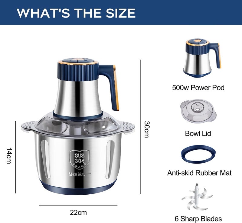 AMINAC Food Processor, 5 Speed Food Chopper Meat Grinder with 5L Stainless Steel Bowl, 6 Bi-Level Blades for Chopping, Grinding, Mincing, Whisking, Meal Prep, 500w, Blue - Image 3