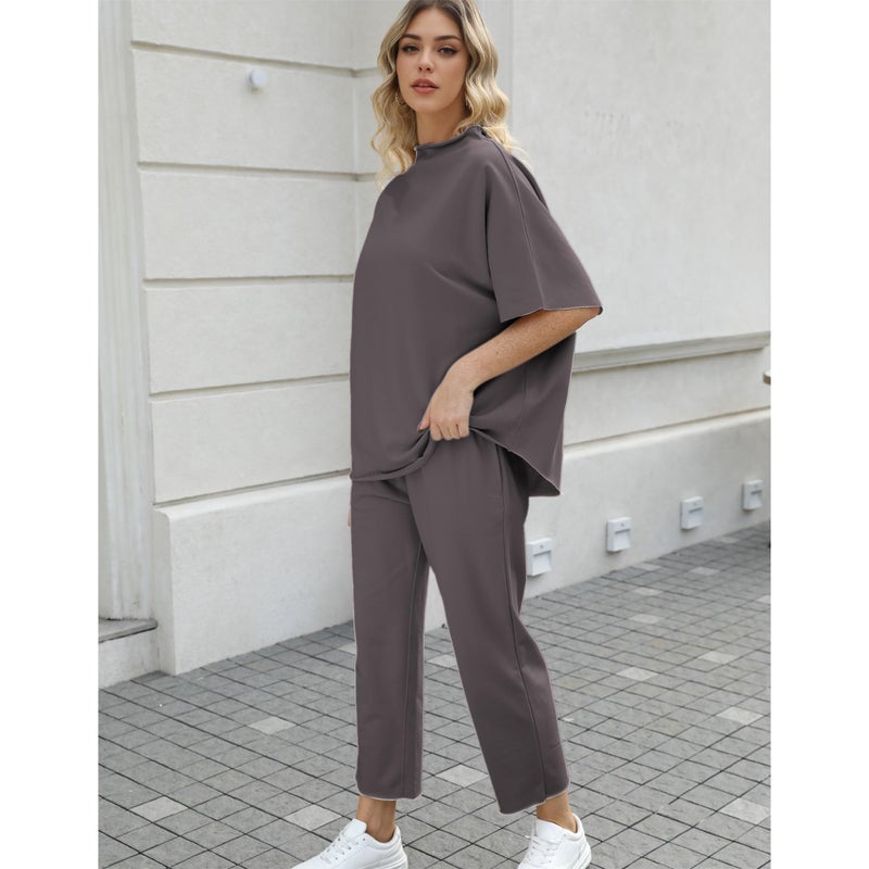 SeeLuNa Women's Two Piece Outfits 3/4 Batwing Sleeve Capelet Crew Neck Pullover Top Wide Leg Pants Lounge Set(Dark Gray, XS) - Image 4