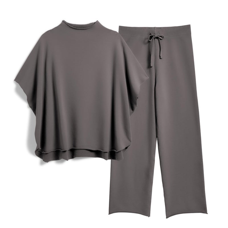 SeeLuNa Women's Two Piece Outfits 3/4 Batwing Sleeve Capelet Crew Neck Pullover Top Wide Leg Pants Lounge Set(Dark Gray, XS) - Image 1
