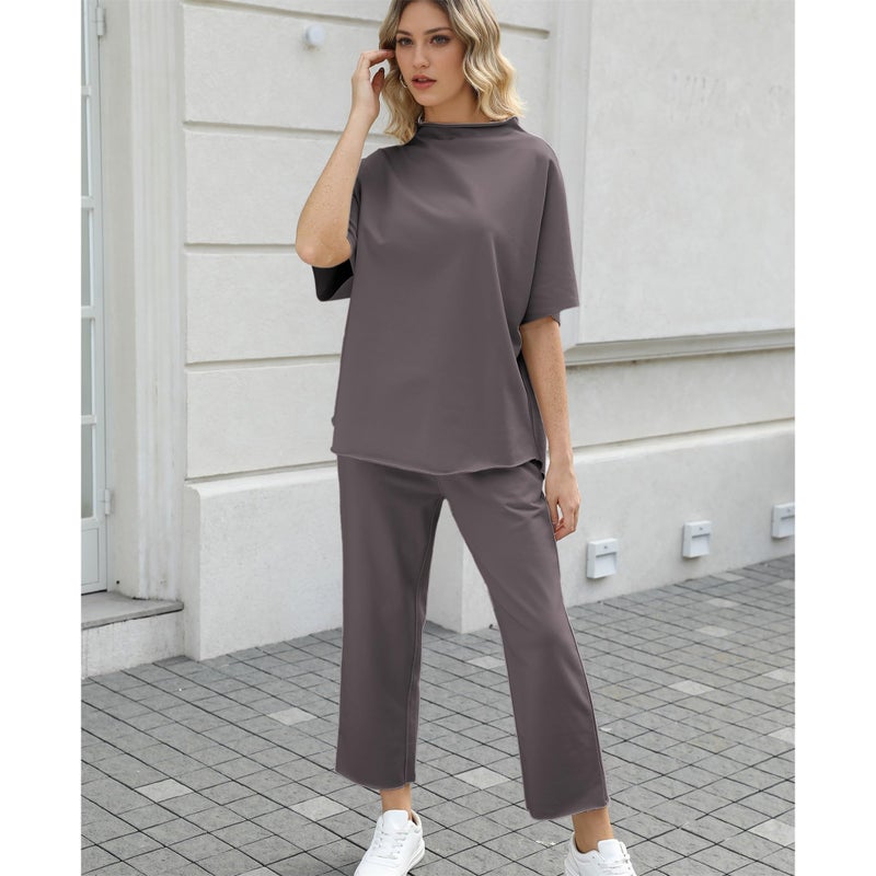 SeeLuNa Women's Two Piece Outfits 3/4 Batwing Sleeve Capelet Crew Neck Pullover Top Wide Leg Pants Lounge Set(Dark Gray, XS) - Image 5