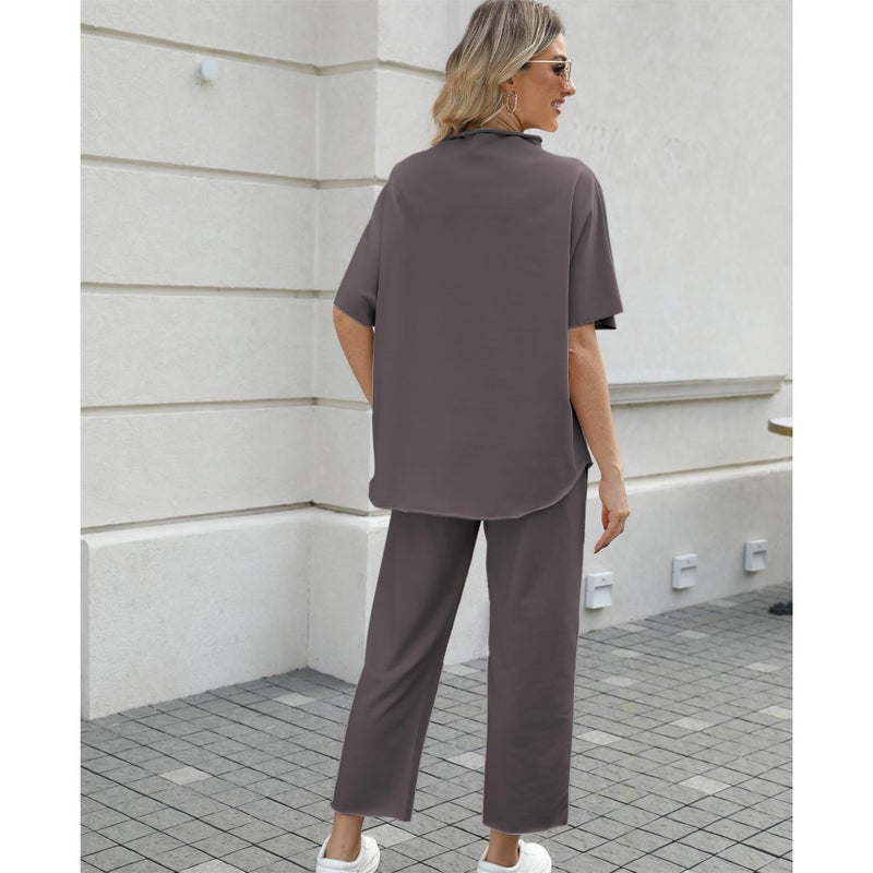 SeeLuNa Women's Two Piece Outfits 3/4 Batwing Sleeve Capelet Crew Neck Pullover Top Wide Leg Pants Lounge Set(Dark Gray, XS) - Image 2