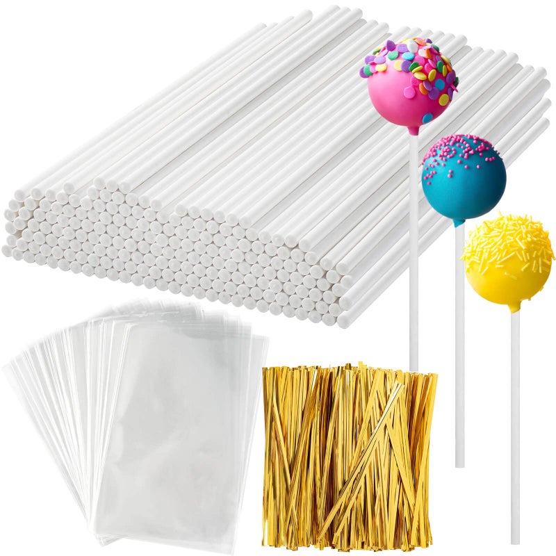 300Pcs Lollipop Sticks and Wrappers Kit 100Pcs 6IN Cake Pop Stick 100pcs Clear Candy Treat Bags Parcel 100pcs Gold Twist Ties for Lollipops Candies Chocolates Cookies