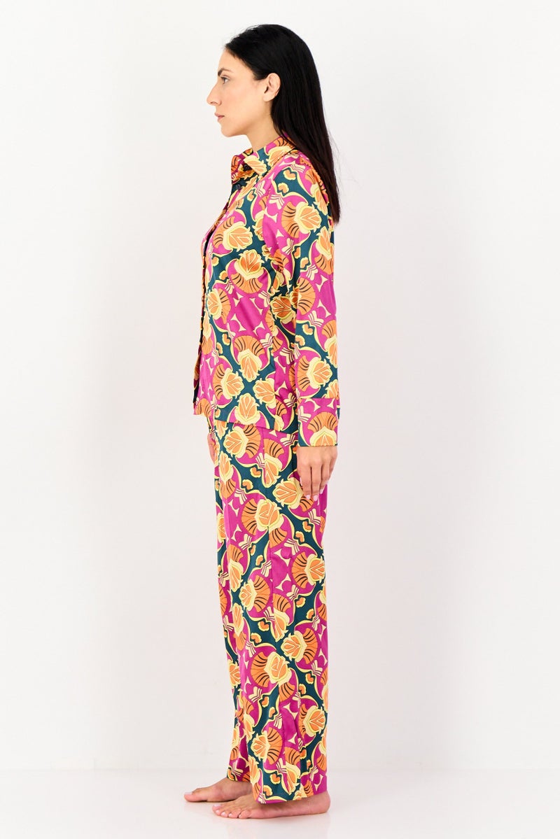 bebe Women 2 Pieces Allover Print Long Sleeves Nightwear Set, Multicolor - Image 2