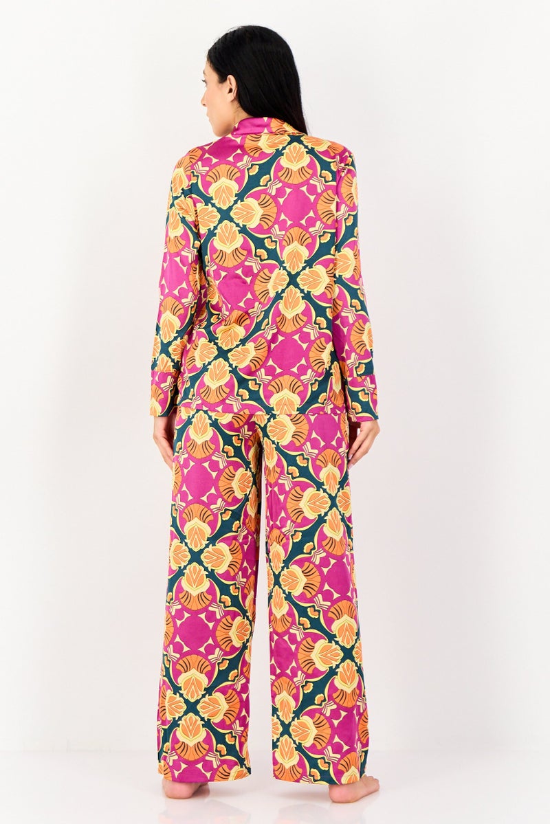 bebe Women 2 Pieces Allover Print Long Sleeves Nightwear Set, Multicolor - Image 4