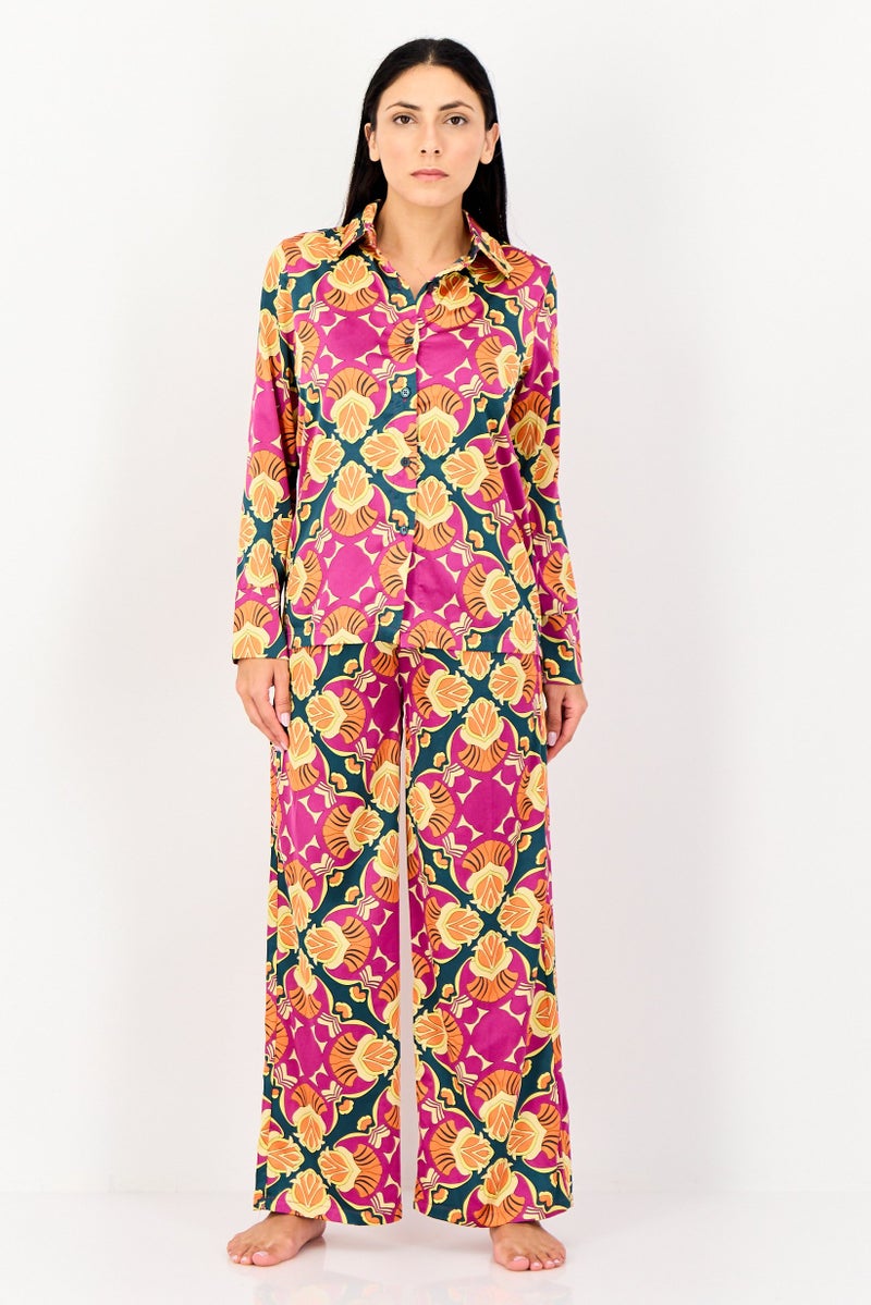 bebe Women 2 Pieces Allover Print Long Sleeves Nightwear Set, Multicolor - Image 1