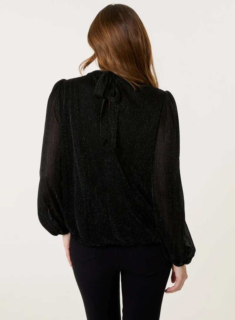 Blue Vanilla Lurex High Neck Puff Ball Top