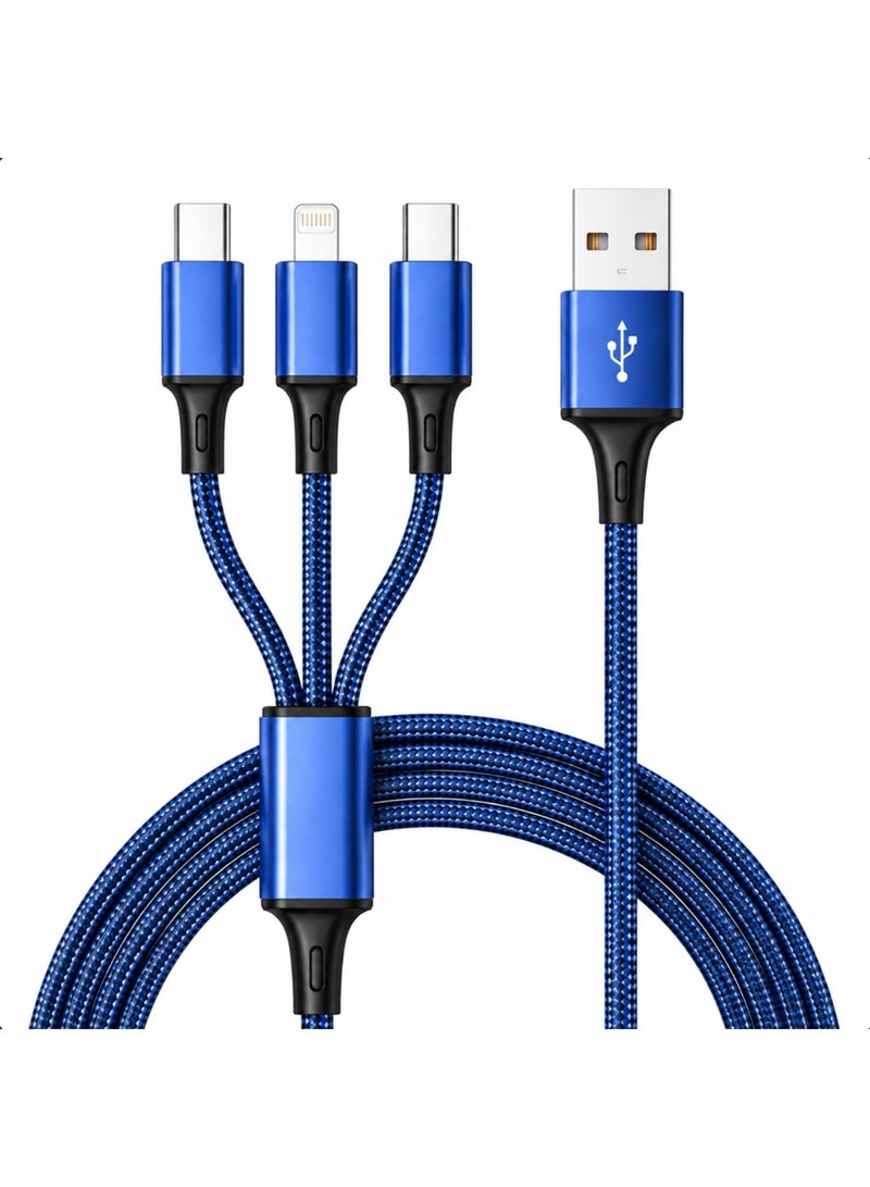 Blue 2M Extra Long 3-in-1 Multi Charging Cable, Nylon Braided Universal USB to Type-C/Micro/Lightning Cord for iPhone, Samsung - Image 1
