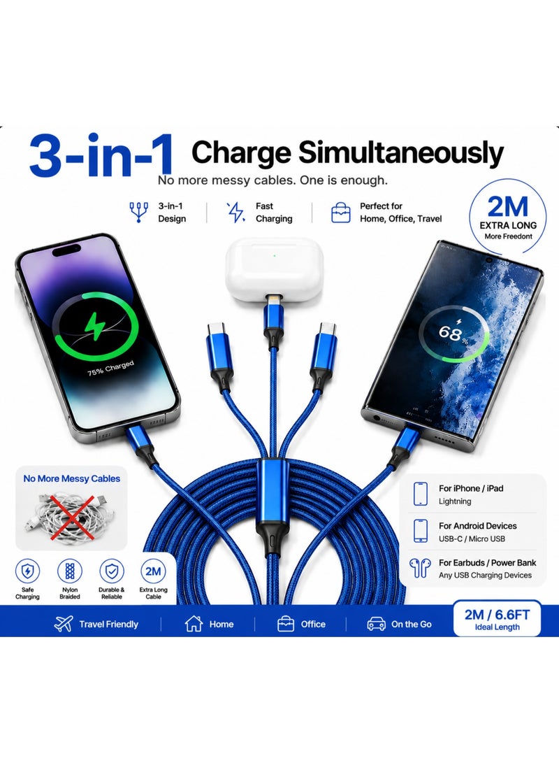 Blue 2M Extra Long 3-in-1 Multi Charging Cable, Nylon Braided Universal USB to Type-C/Micro/Lightning Cord for iPhone, Samsung - Image 2