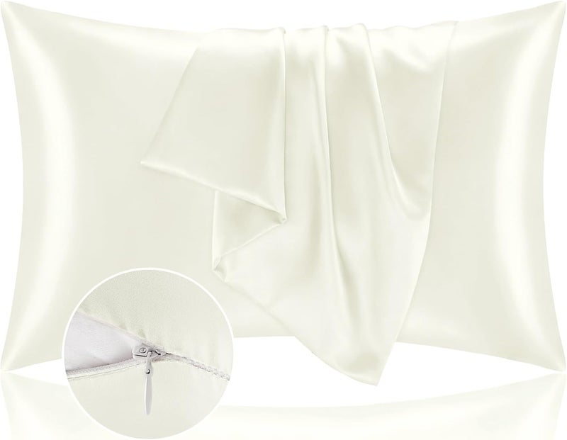 BEDELITE Easy assemble alternatives Satin Pillowcase with Zipper 2 Pack, Ivory Pillow Cases Standard Size, Super Soft and Cooling Similar to Silk Pillow Cases, Gift for Women Men(20x26 Inches) Easy lifting build - Image 1