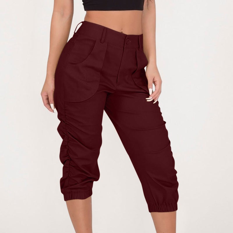 2022 New Summer Casual Womens Capri Cargo Pants Burgundy  - Image 1
