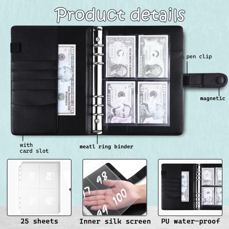MUQING 100 Envelope Challenge Binder, 25 Sheets Silkscreen Numbers to 100, Not Stickers, Reusable Tracker, Easy and Fun 100 Envelopes Money Saving Challenge Save $5050, Budget Planner & Saving Money (Black) - Image 3