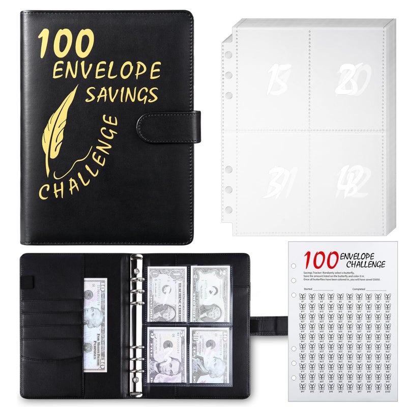 MUQING 100 Envelope Challenge Binder, 25 Sheets Silkscreen Numbers to 100, Not Stickers, Reusable Tracker, Easy and Fun 100 Envelopes Money Saving Challenge Save $5050, Budget Planner & Saving Money (Black) - Image 1