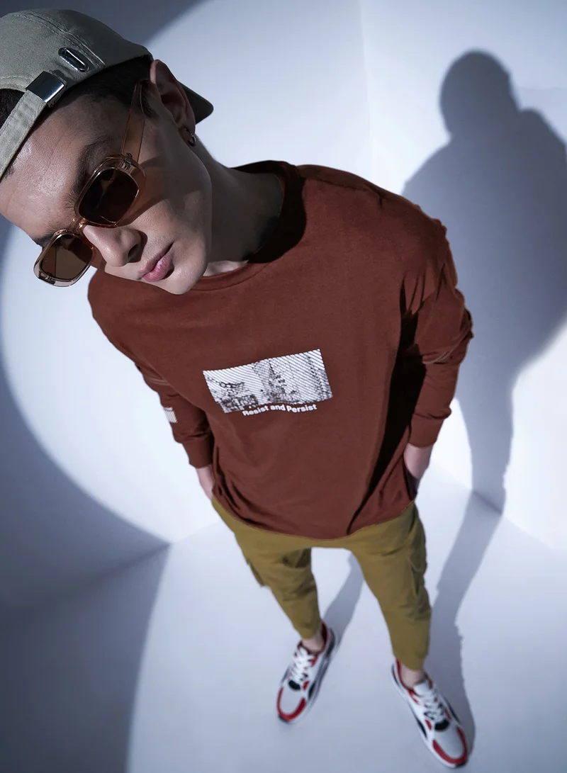 Hubberholme Oversized Graphic Printed Cotton T-Shirt for Men in Brown