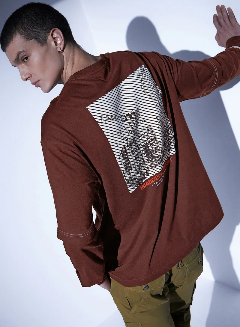 Hubberholme Oversized Graphic Printed Cotton T-Shirt for Men in Brown