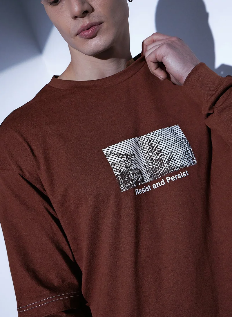 Hubberholme Oversized Graphic Printed Cotton T-Shirt for Men in Brown