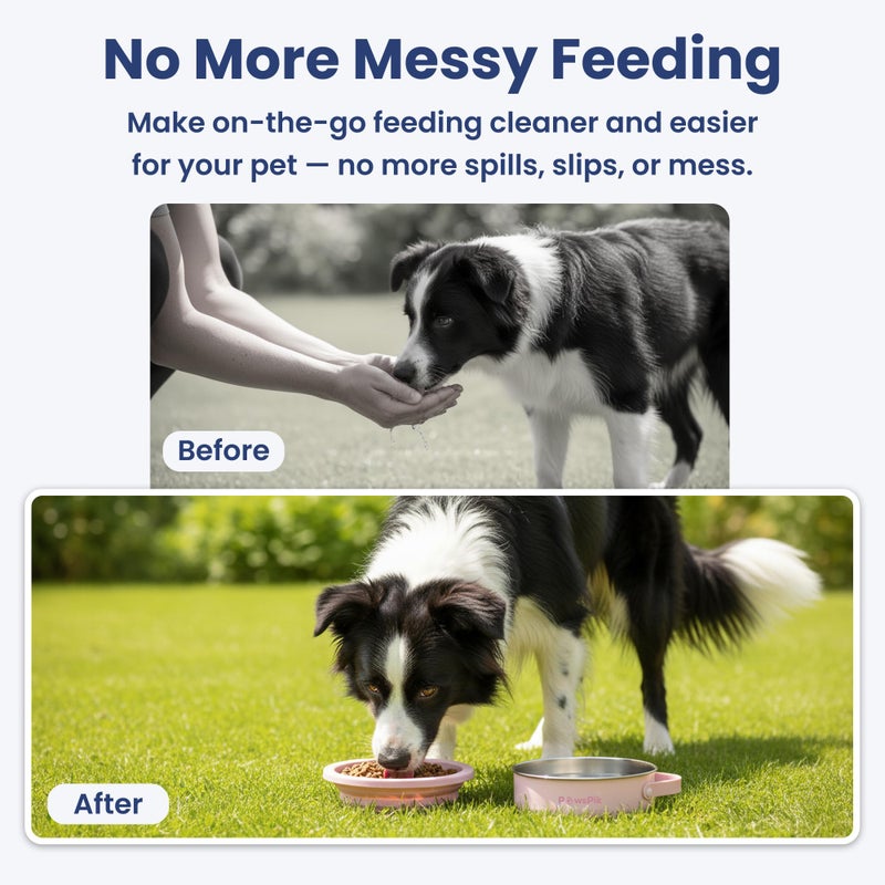 PawsPik 2-in-1 Travel Dog & Cat Bowl â€“ Collapsible BPA-Free Silicone & 18/8 Stainless Steel, Portable & Non-Slip with Handle, Easy to Clean, Food & Water Bowl for On-The-Go Pets (Cherry Blossom Pink) - Image 5