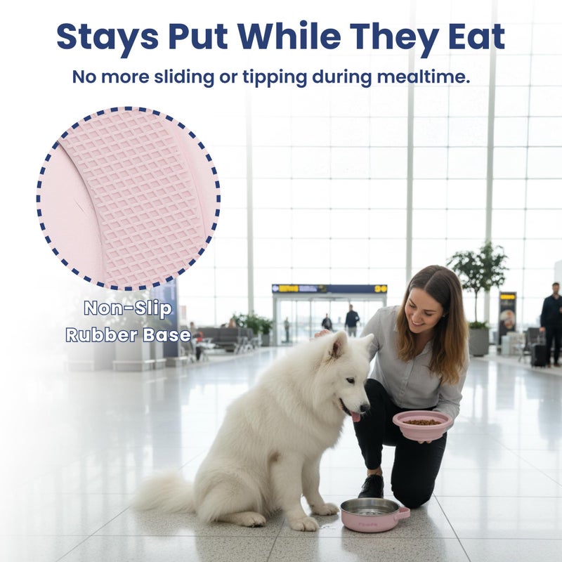 PawsPik 2-in-1 Travel Dog & Cat Bowl â€“ Collapsible BPA-Free Silicone & 18/8 Stainless Steel, Portable & Non-Slip with Handle, Easy to Clean, Food & Water Bowl for On-The-Go Pets (Cherry Blossom Pink) - Image 4