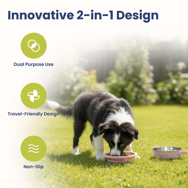 PawsPik 2-in-1 Travel Dog & Cat Bowl â€“ Collapsible BPA-Free Silicone & 18/8 Stainless Steel, Portable & Non-Slip with Handle, Easy to Clean, Food & Water Bowl for On-The-Go Pets (Cherry Blossom Pink) - Image 2