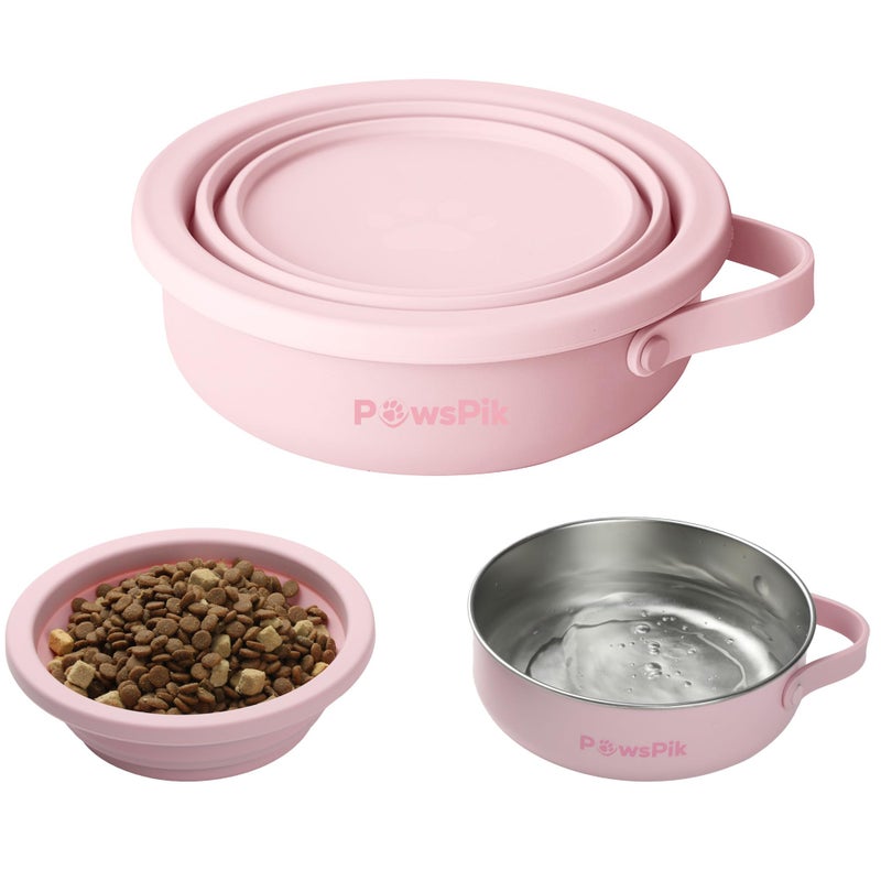 PawsPik 2-in-1 Travel Dog & Cat Bowl â€“ Collapsible BPA-Free Silicone & 18/8 Stainless Steel, Portable & Non-Slip with Handle, Easy to Clean, Food & Water Bowl for On-The-Go Pets (Cherry Blossom Pink) - Image 1