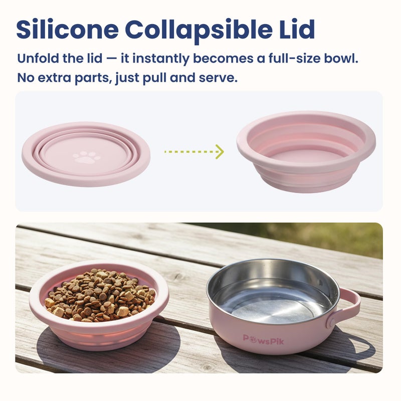 PawsPik 2-in-1 Travel Dog & Cat Bowl â€“ Collapsible BPA-Free Silicone & 18/8 Stainless Steel, Portable & Non-Slip with Handle, Easy to Clean, Food & Water Bowl for On-The-Go Pets (Cherry Blossom Pink) - Image 3