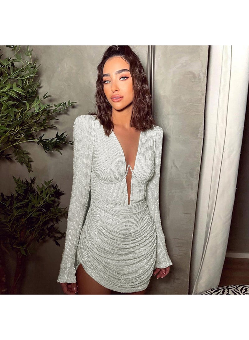 Deep V-neck Underwire Shoulder Pads Pleated Long-sleeved Sheath Dress