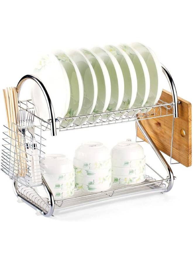 VIO 2 Tier Dish Drying Rack Stainless Steel with Utensil Glass Cup Cutlery Holder and Dish Drainer for Kitchen Counter Top Plated Chrome Dish Dryer Silver Organizer Storage Accessories  - Image 3